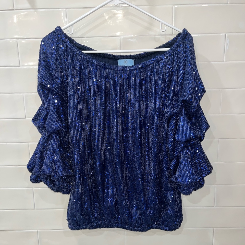 CeCe Blue Sequins Blouse Off the Shoulder Sz Medium